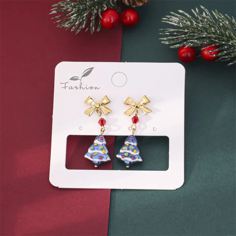 Light Luxury Colored Glass Christmas Tree Earrings For Women Unique Design Exquisite Bowknot Red Beads Earring New Year Jewelry
