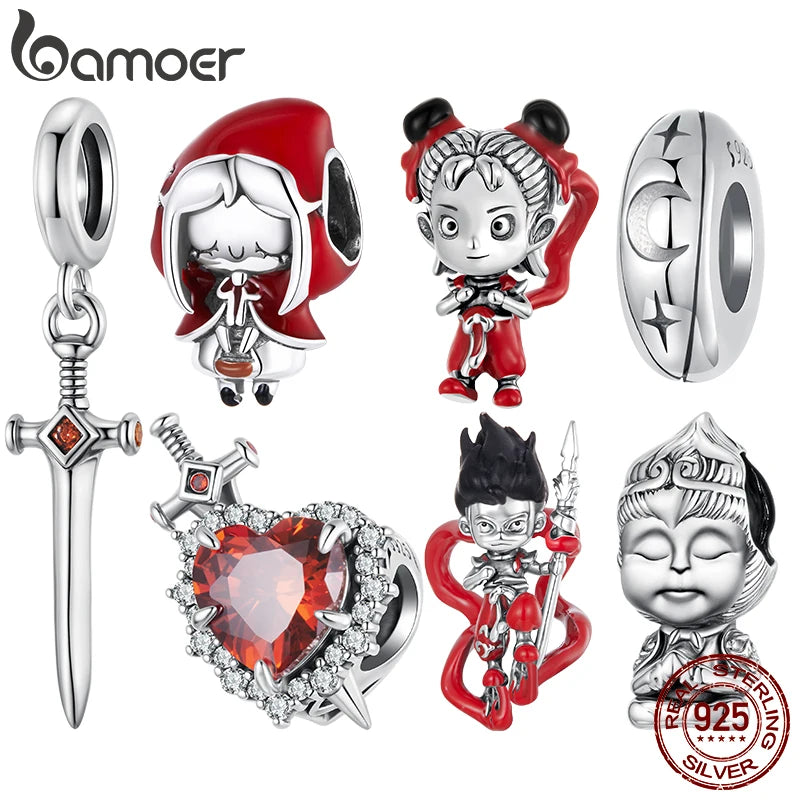 BAMOER Anhänger „Nezha“ aus rotem Emaille, Herz- und Schwertmotiv, chinesische Figuren, Perlen, passend für Originalarmbänder, DIY-Schmuckgeschenk