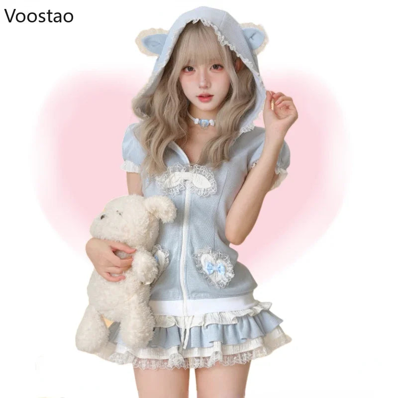 Japanese Sweet Lolita Style Skirt Set Women Kawaii Bear Ear Hooded Coat Top Cute Cake Skirt Suit Female Y2k Bowknot Lace Outfits