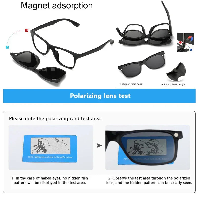 6 In 1 Custom Men Women Polarized Optical Magnetic Sunglasses Clip Magnet Clip on Sunglasses Polarized Clip on Sun Glasses Frame