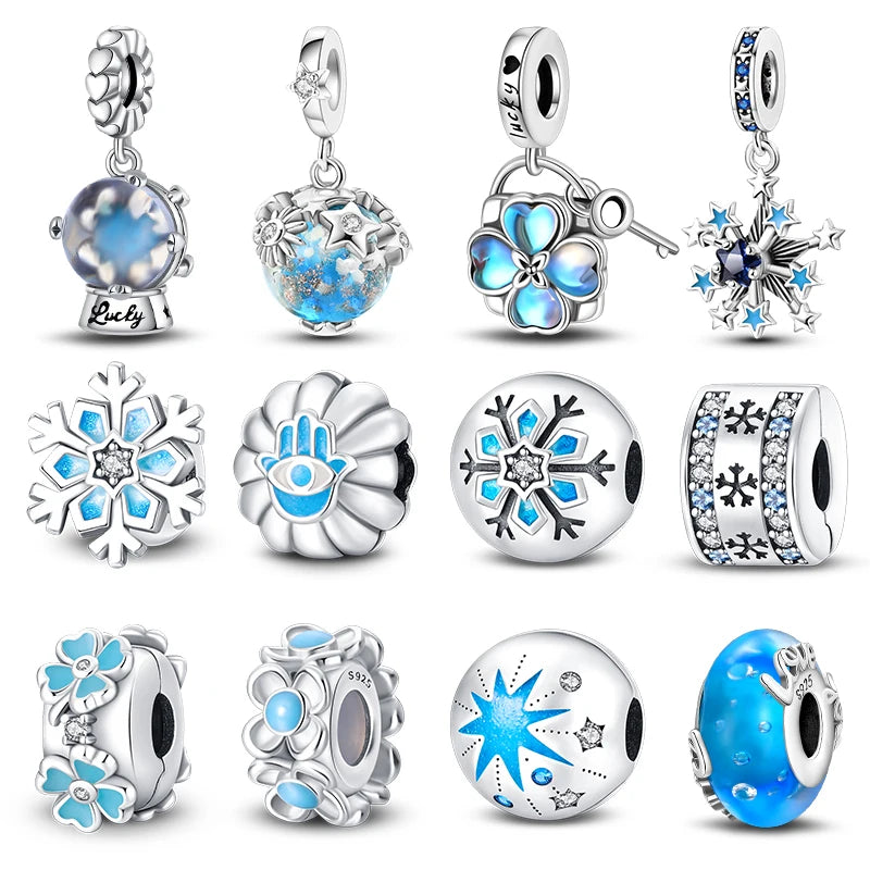 Sterling Silver Winter Snowflake Four Leaf Clover Spacer Beads Pendants Fit Pandora Original Bracelets DIY Christmas Jewelry - Madeinsea©