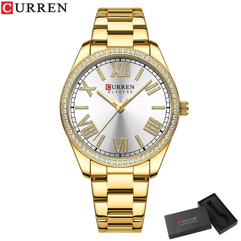 CURREN NEW Luxury Stainless Steel Wristwatches for Ladies Romantic Rose Pink with Rhinestones Roman Numeral Dial