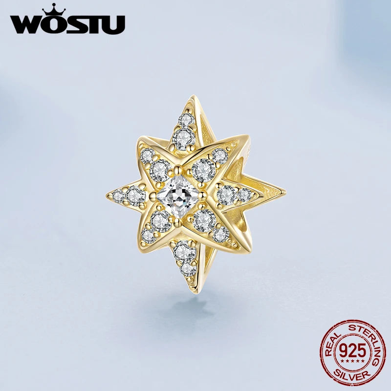 WOSTU 925 Sterling Silver Sparkling Star Pendant Necklace For Women, 18K Gold AAA Zircon Wedding Starburst Charm Necklace DIY