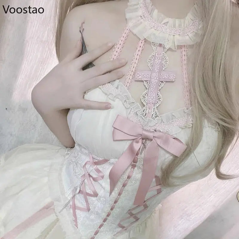 Japanese Sweet Lolita Princess Dress Women Gothic Cross Bow Lace Ruffles Party Dresses Girls Harajuku Cute Bandage Y2k Vestidos