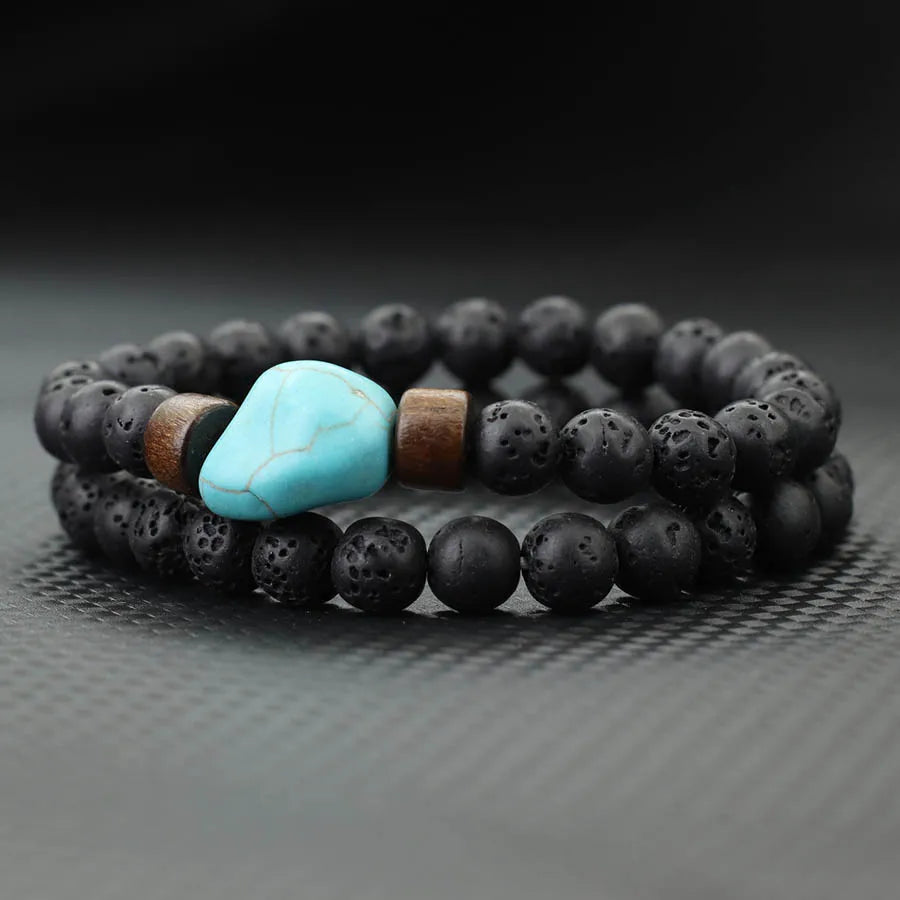 Stylish 2Pcs Men Bracelet Set Irregular Natural Turquoise Stone Strand Braslet Volcanic Rock Healing Braclet Leisure Pulseira