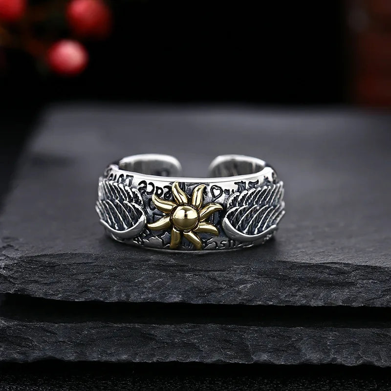 Retro Sun Wings Graffiti Ring For Men Silver Color Punk Gothic Adjustable Ring Handmade Rock Unisex Jewelry Accessories Man Gift
