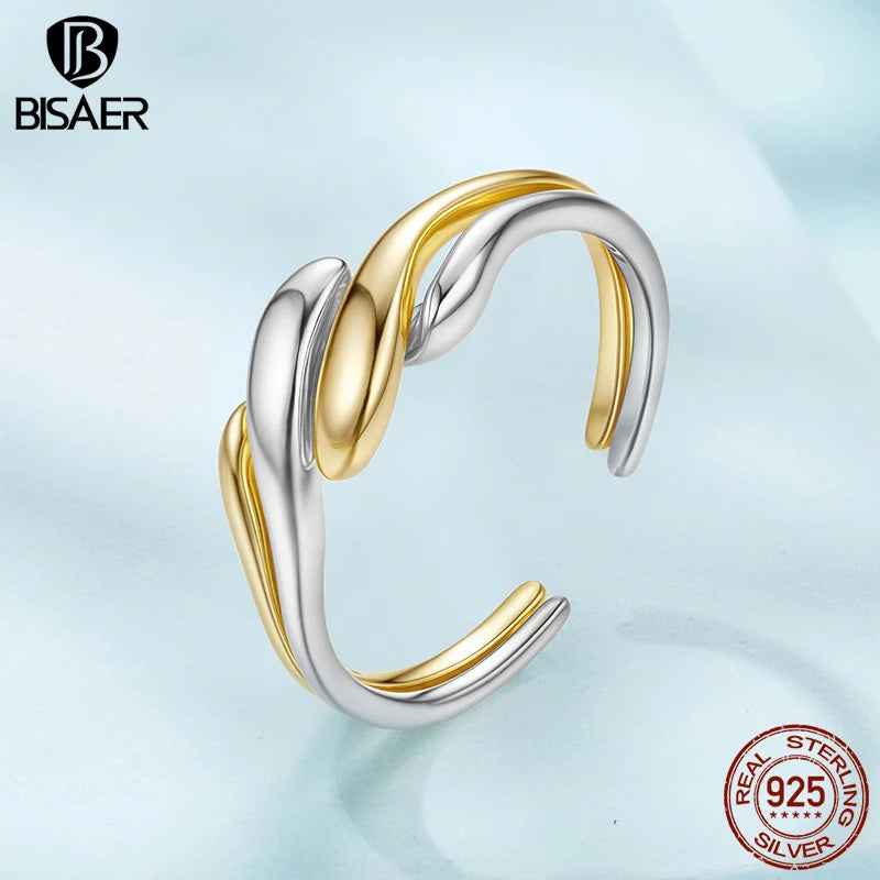 BISAER 925 Sterling Silver Simple Geometry Promise Eternity Ring Adjustable 2-in-1 Couple Band  for Lover Party Fine Jewelry