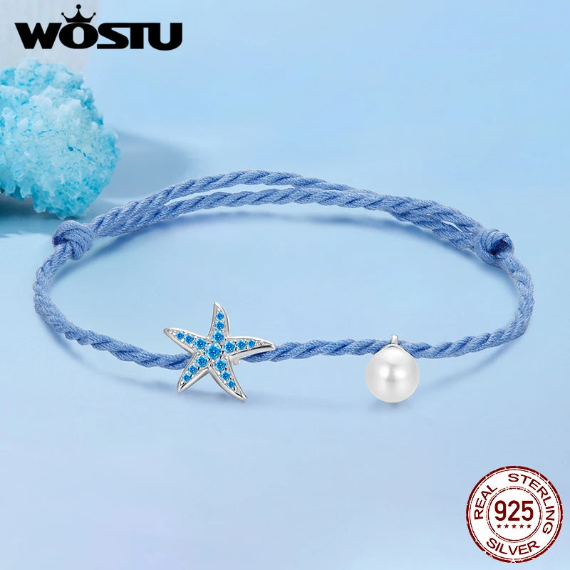 WOSTU 925 Sterling Silver Fashion Blue Starfish Pearl Bracelet Adjustable Braided Rope Bracelets Women Fine Ocean Jewelry Gift