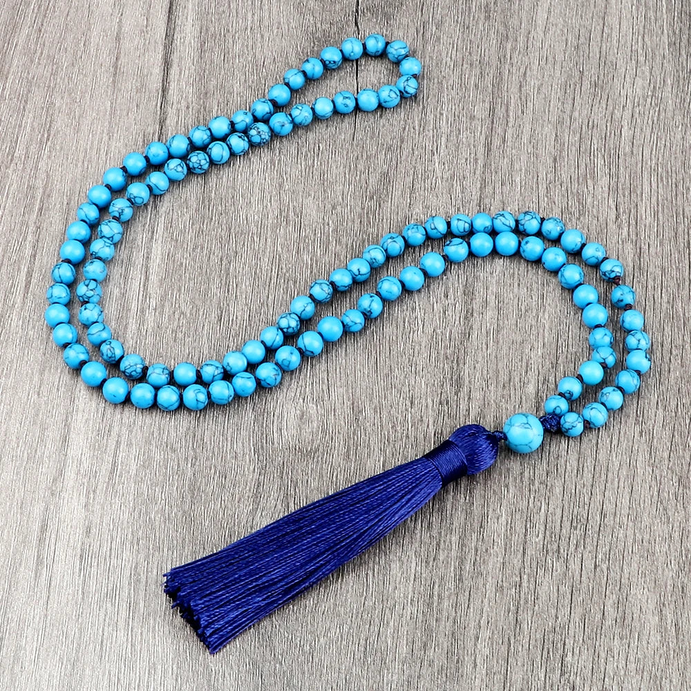 108 Mala Beaded Tassel Necklace Tiger Eyes Turquesa Meditation Yoga Jewelry Women Malachite Bohemian Ethnic Amazonite Necklace