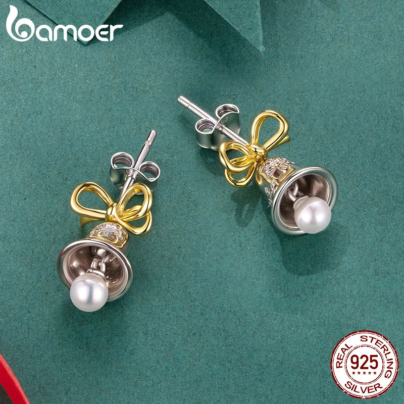 BAMOER 925 Sterling Silber Schneeflocken-Ohrstecker mit Glockenmotiv, Goldene Schleifen-Ohrhänger mit tanzenden Perlen für Damen und Mädchen – Weihnachtsgeschenk