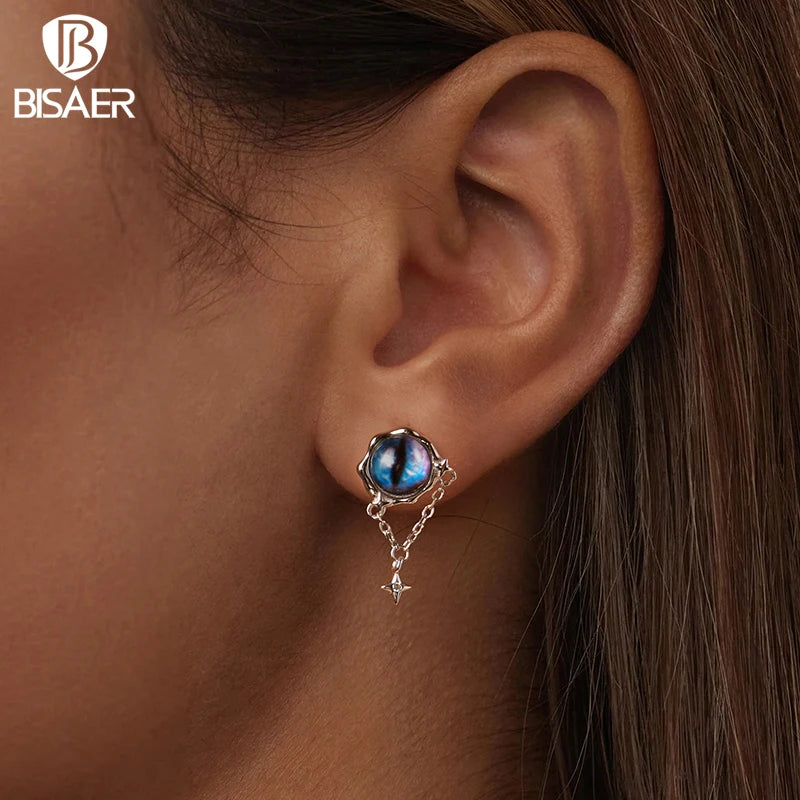 BISAER Boucles d'oreilles à tige en argent sterling 925 véritable avec œil du diable bleu et pampilles en forme d'étoile plaquées or blanc pour femme, bijoux fins de fête