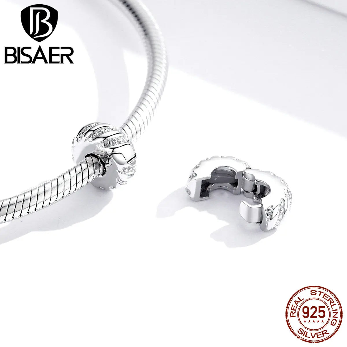 BISAER 925 Sterling Silver Openable Clip Spacer Charm Fit Women DIY Bracelet Lock Stopper Perle Plaqué Platine Fine Jewelry Gift