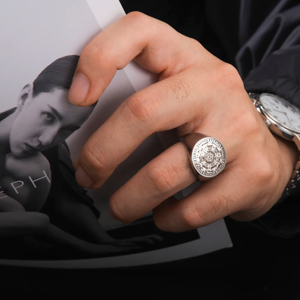 Bague Viking Sceau des Sept Archanges de Dreamtimes Talisman de la Kabbale de Salomon Hexagramme Anneaux pour Hommes Bijoux en Acier Inoxydable