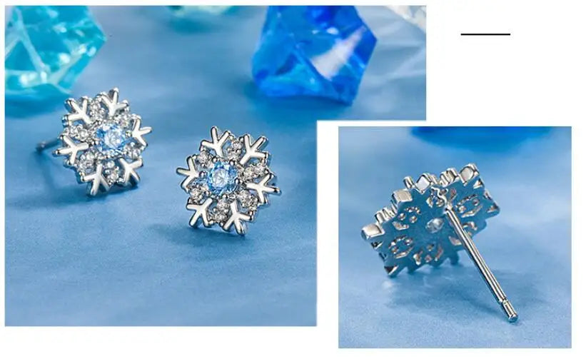 925 Sterling Silver Earrings Blue Zircon Snowflake Earrings For Women's Charm Jewelry Christmas Gift