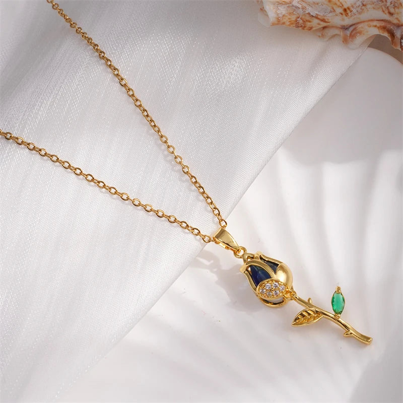 Stainless Steel Colorful Zircon Tulip Pendant Necklace for Women Girls Shiny Crystal Romantic Flower Choker Party Luxury Jewelry