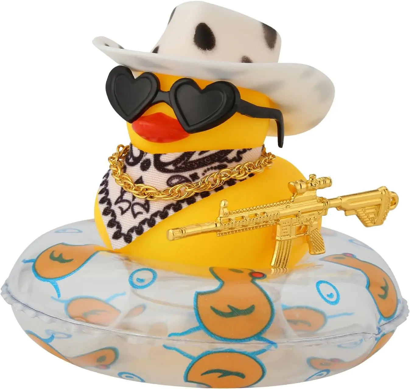 Rubber Duck with Weapon for Car Dashboard Decor, Squeaky Duck Toy Yellow Cowboy Ducks Car Ornament Fun Car Accessories