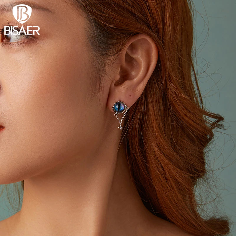 BISAER Boucles d'oreilles à tige en argent sterling 925 véritable avec œil du diable bleu et pampilles en forme d'étoile plaquées or blanc pour femme, bijoux fins de fête
