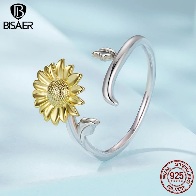 BISAER Gold Sunflower Open Ring 925 Sterling Silver Delicate Blooming Flowers Eternity Band for Women Party Fine Jewelry Gift