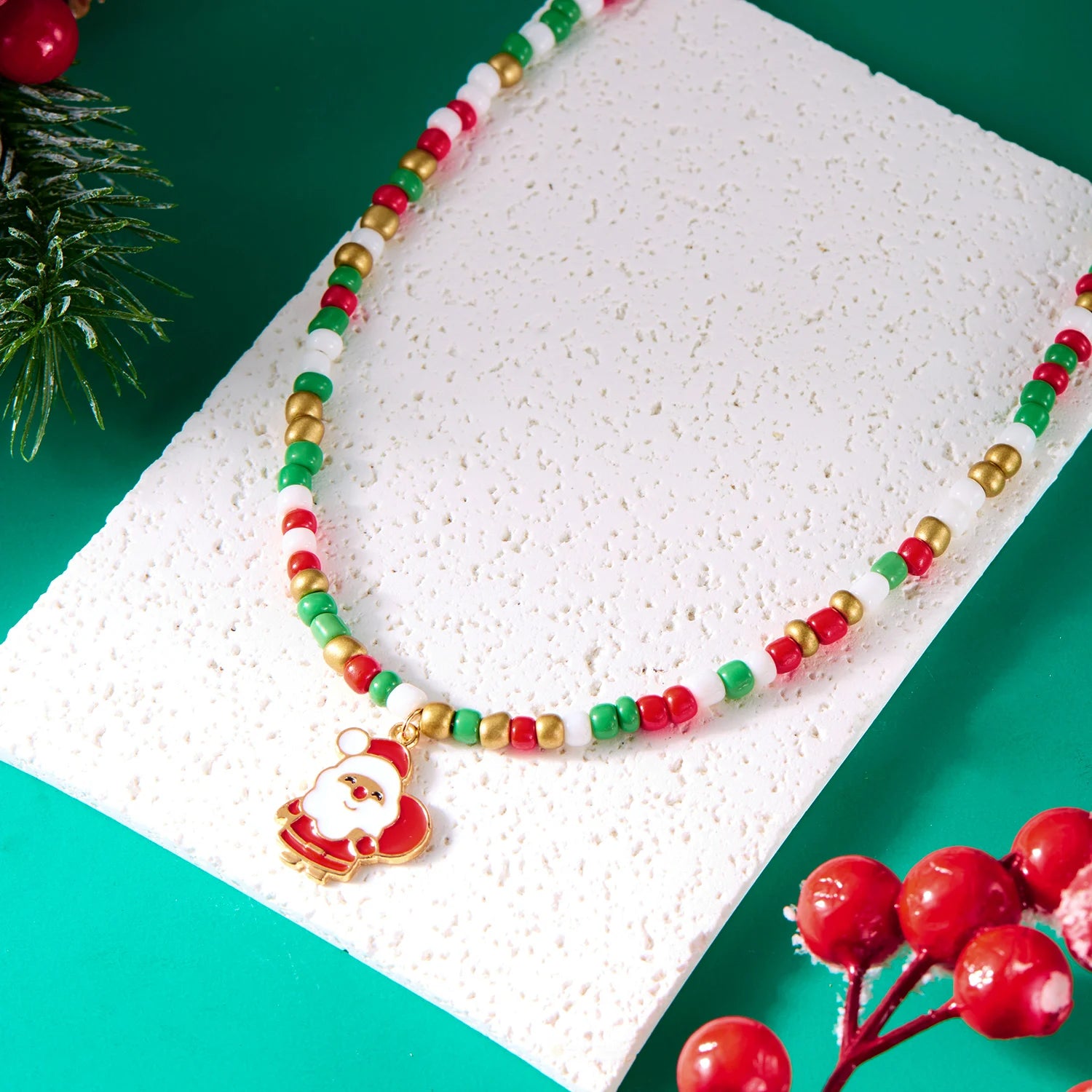 Weihnachtskette mit Reisperlen für Damen und Mädchen, Weihnachtsbaum, Schneemann, Weihnachtsmann, Schlüsselbein-Choker, Weihnachtsgeschenk