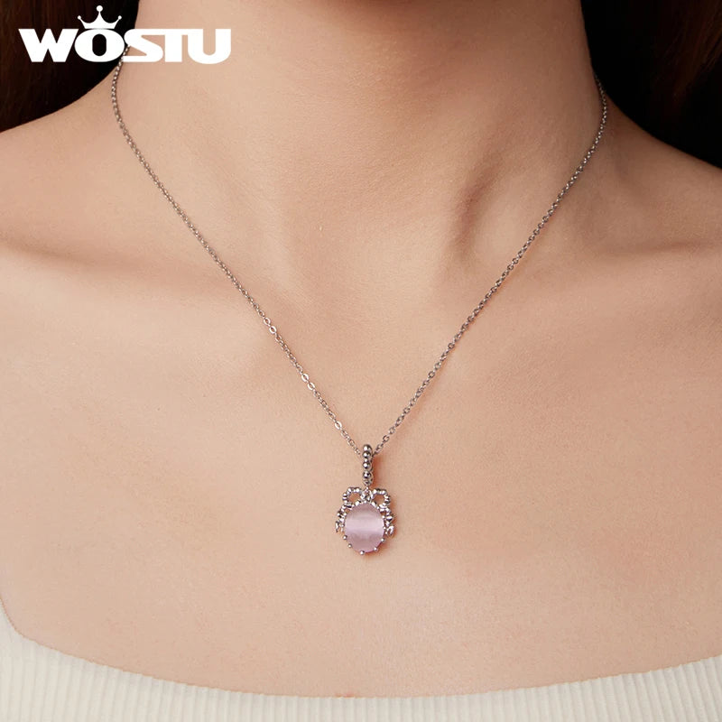 WOSTU 925 Sterling Silver Pink Cherry Pendant Bow White Gold Charm Original Sweet Fit for Women DIY Birthday Daily Fine Jewelry
