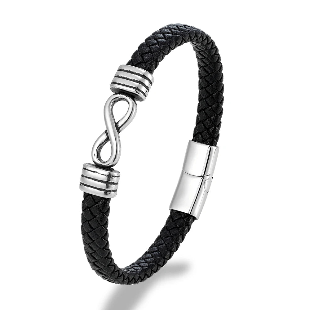 MKENDN Klassisches Herren-Armband mit quadratischem Knoten und Unendlichkeitsmotiv, 8 mm breit, geflochtenes Lederarmband (316L), Magnetverschluss, Schmuckgeschenk