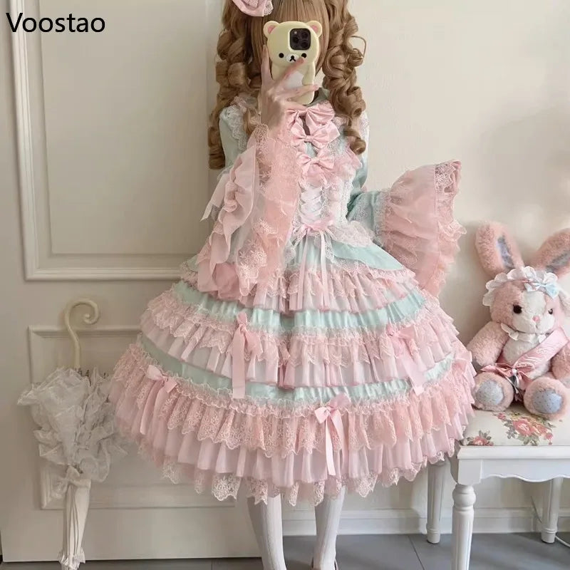 Victorian Vintage Lolita OP Dress Women Kawaii Cute Bow Lace Ruffle Flower Wedding Dress Japanese Elegant Princess Party Dresses