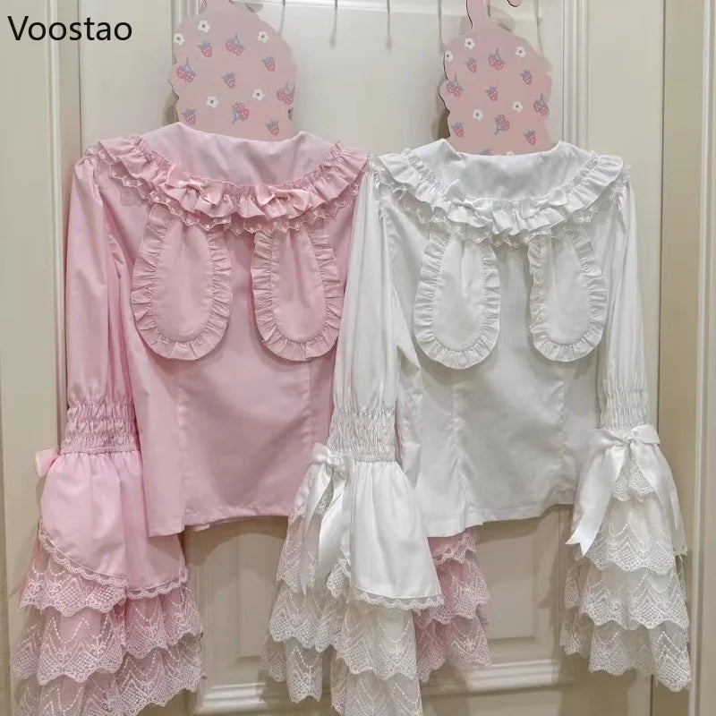 Japanese Sweet Lolita Style Blouses Women Cute Lace Peter Pan Collar Bow Flare Long Sleeve Gothic Shirts Female Kawaii Y2k Tops