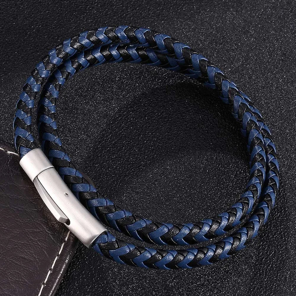MKENDN Classic Black Stainless Steel Black Blue Braided Leather Bracelet Men Women Handmade Woven Double-Layer Jewelry Gift