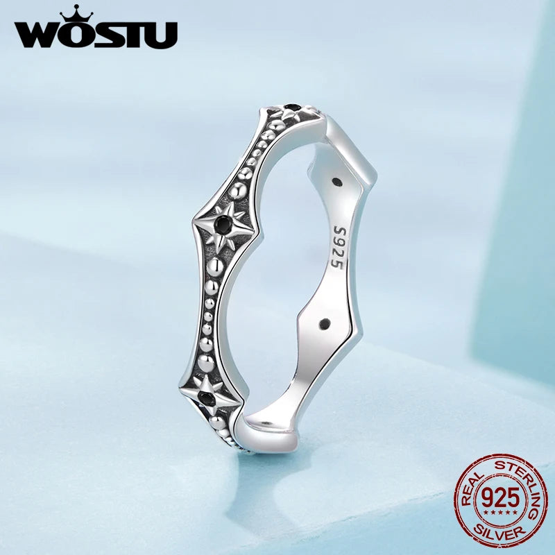 WOSTU 925 Sterling Silver Vintage Start Beaded Ring With Black Zircon, Black Unique Gothic Wavy Rings Jewelry Punk Gift