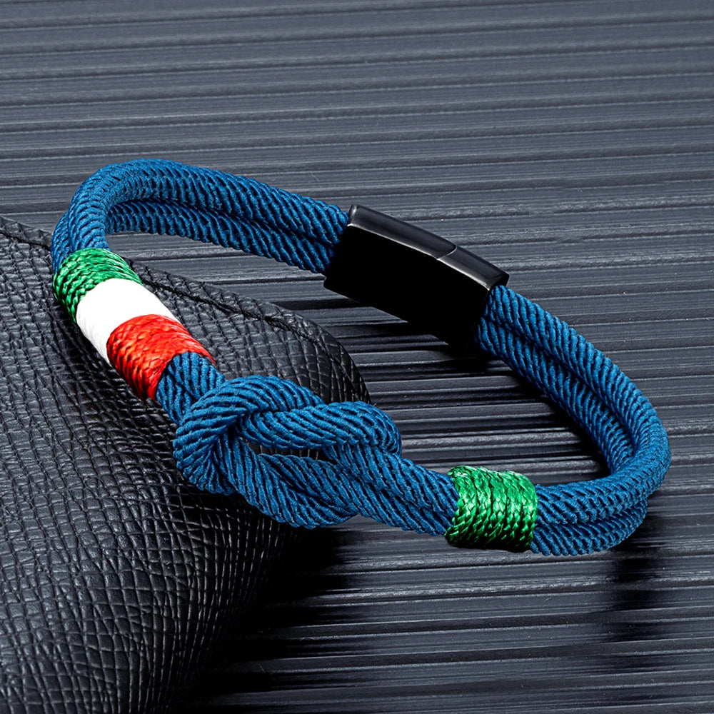 MKENDN Italy Mexico Flag Bracelet for Men Women Handmade Woven Rope with Black Stainless Steel Buckle Couple Jewelry Gifts