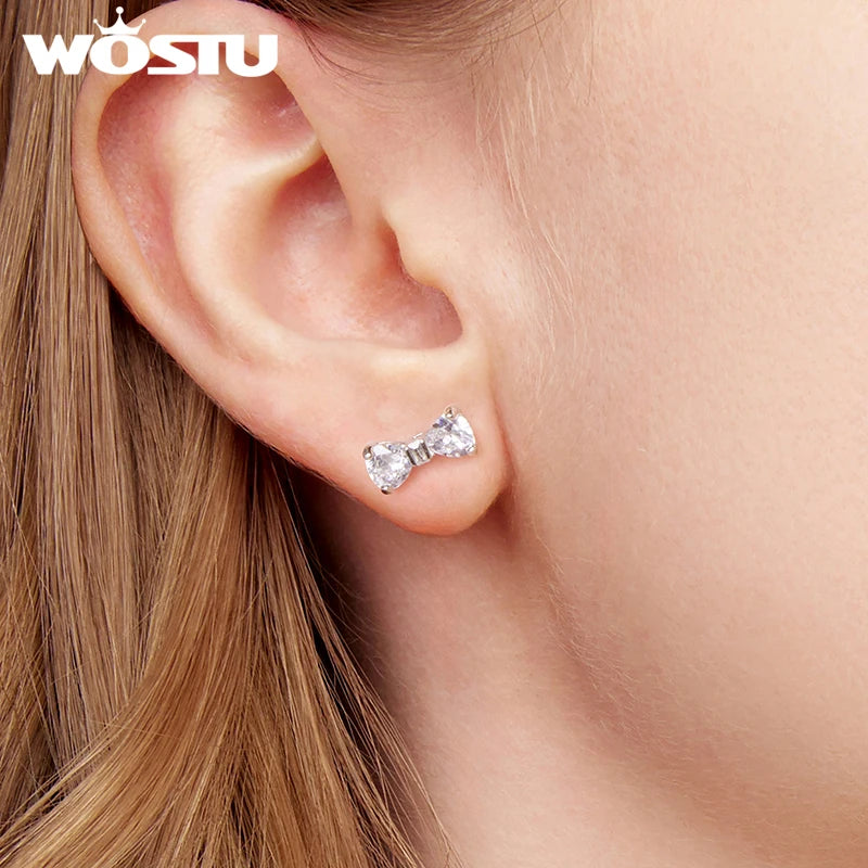 WOSTU Sweet Bowknot Earrings 925 Sterling Silver 925 Sterling Silver Clear AAA Zircon Bow knot Stud Earring Birthday Party Gift