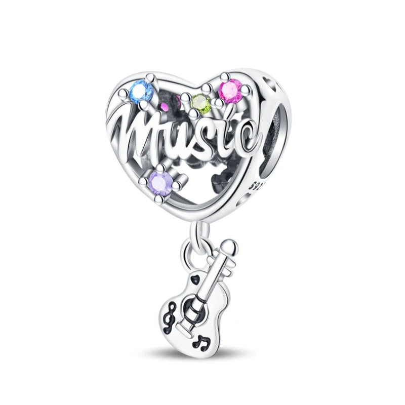 Romantic Music Charms Beads 925 Sterling Silver Piano Violin Red Guitar Punk Saxophone Pendants Fit Qikaola Bracelet DIY Jewelry