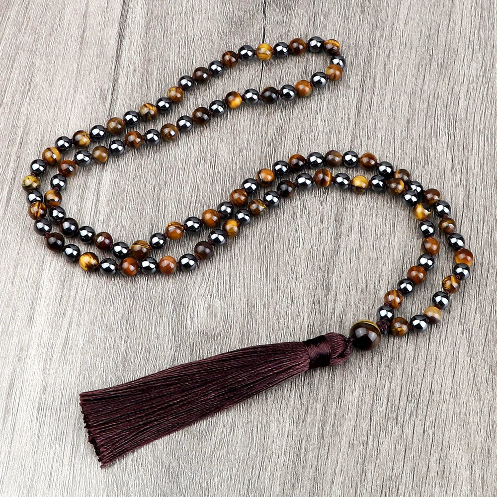 108 Mala Beaded Tassel Necklace Tiger Eyes Turquesa Meditation Yoga Jewelry Women Malachite Bohemian Ethnic Amazonite Necklace