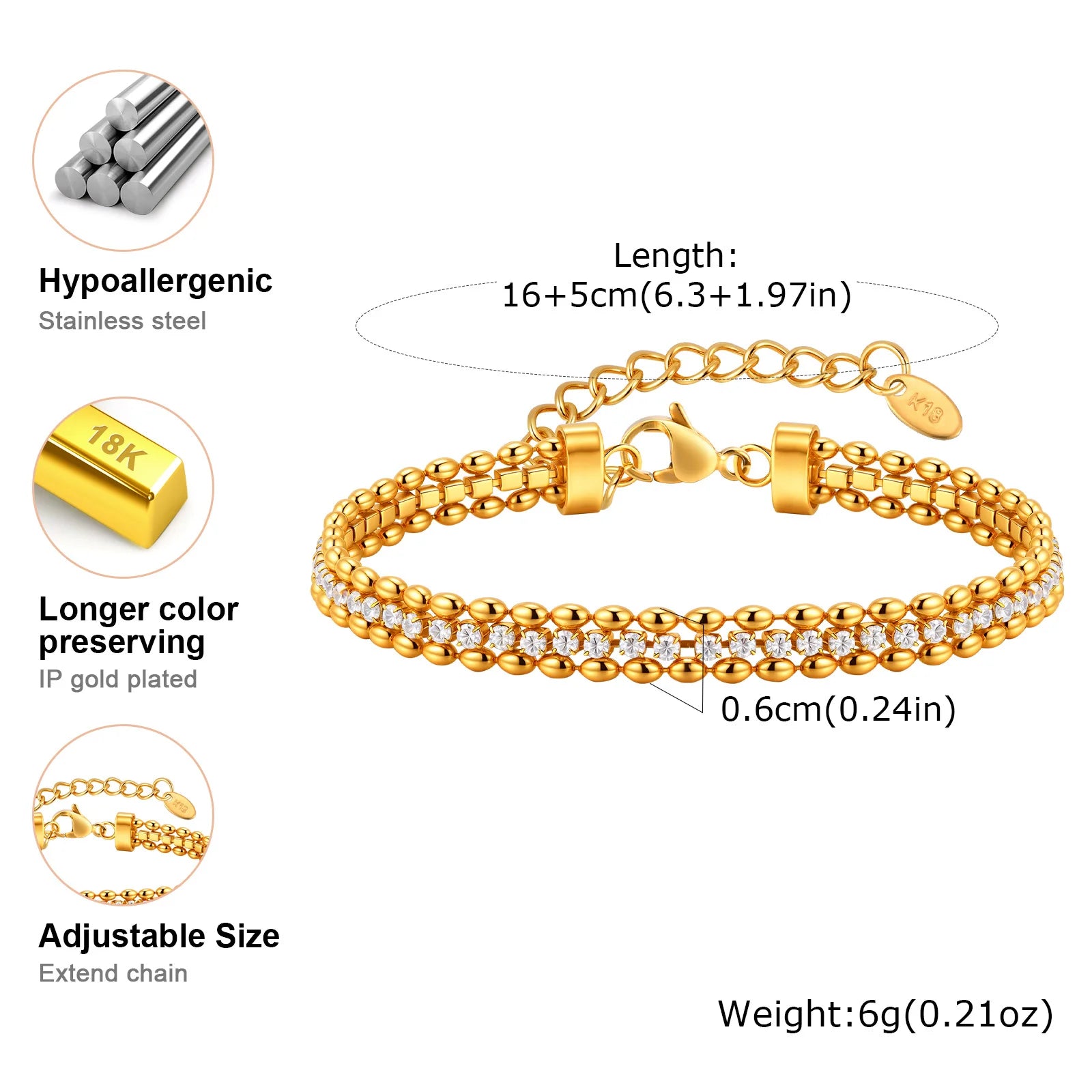 Vnox Women Gold Silver Color Woven Cubic Zirconia Bracelet,Stainless Steel Double Beads Chain Jewelry Accessories Charm Bracelet