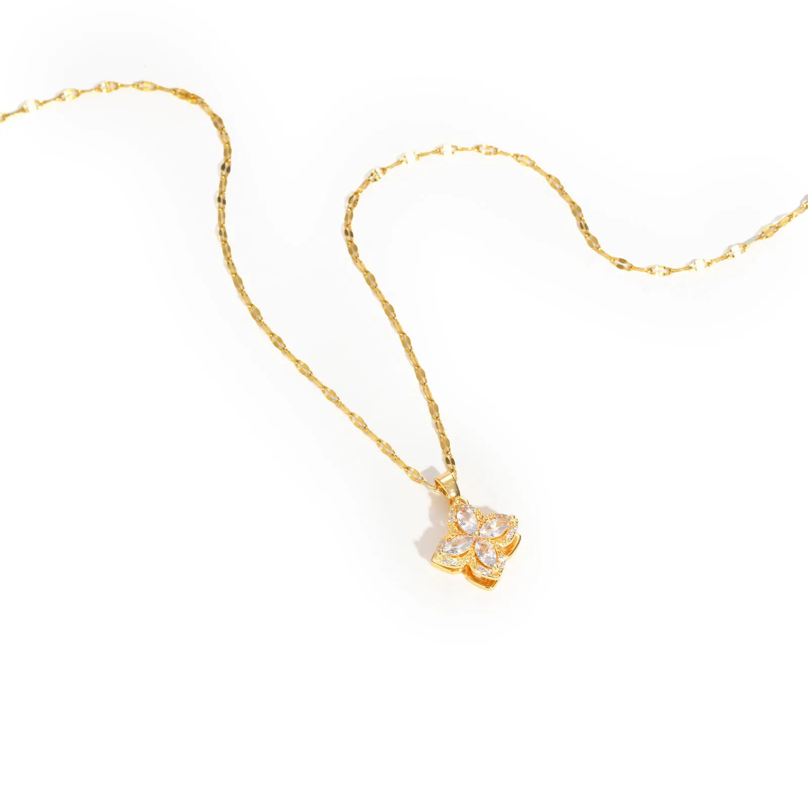 Vnox Stainless Steel Lip Chain Pendent Necklace Zircon Four Leaf Flower Rotatable Necklace For Women Charm Neck Jewelry Gift