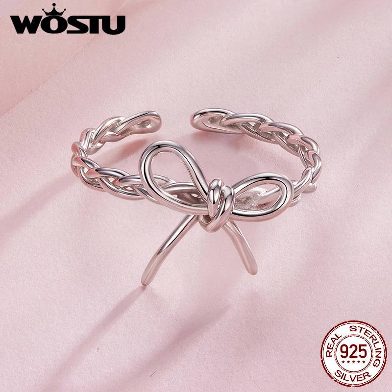 WOSTU 925 Sterling Silver Weaving Bow Ring Elegant Sweet Opening Original for Women Wife Anniversary Birthday Fine Jewelry Gift