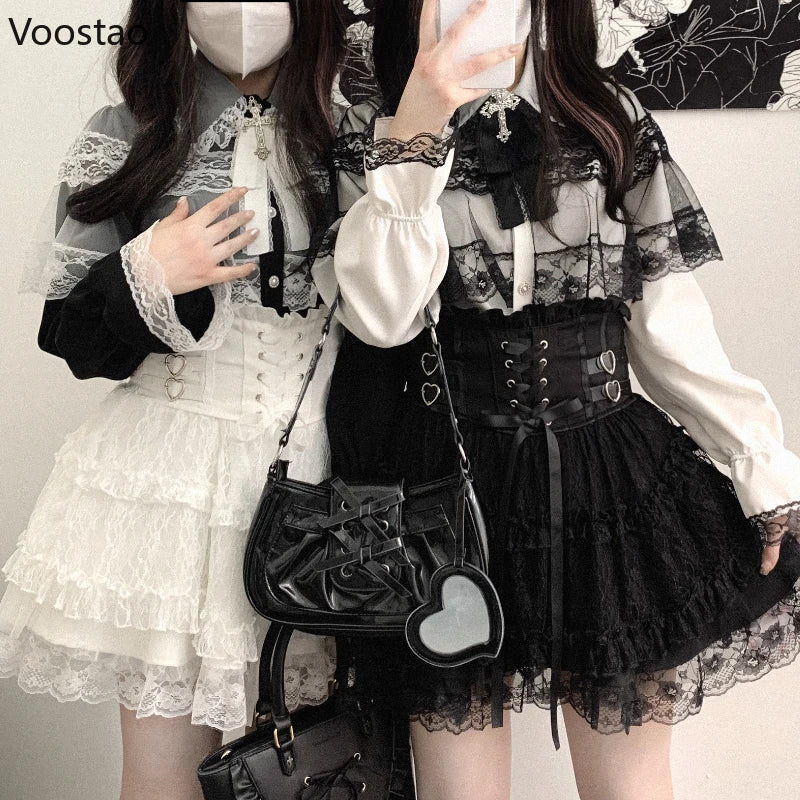 Japanese Sweet Lolita Style Mini Skirt Women Elegant Lace Bandage Party Cake Skirts Female Gothic Y2k Metal Buckle Short Skirt