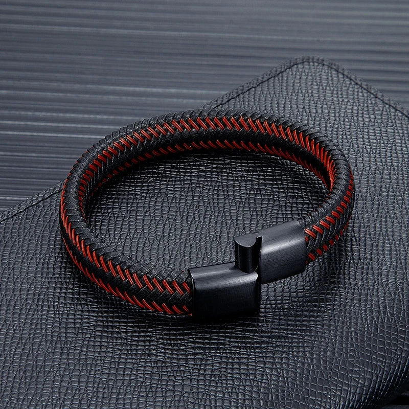 MKENDN Punk Men Jewelry Red Braided Leather Rope Bracelet Black Matte Magnetic Buckle Bracelets Men Wristband Pulsera Hombre