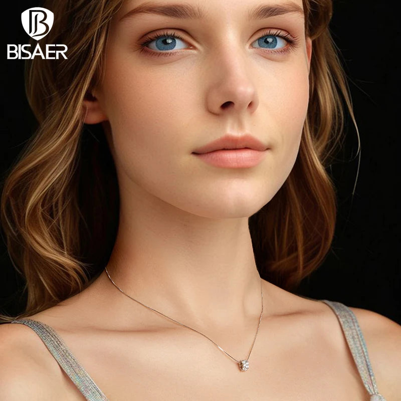 BISAER Lucky Ring Necklace Cutting Lab Grown Diamond 925 Sterling Silver Chain Plated White Gold Wedding Fine Jewelry MSN048