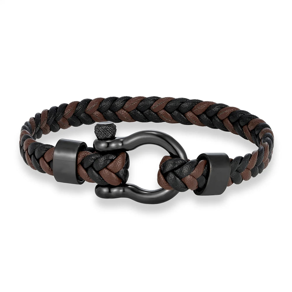 MKENDN Personalised Men's Nautical Shackle & Woven Black Leather Bracelet Gifts For Him Men's Jewellery