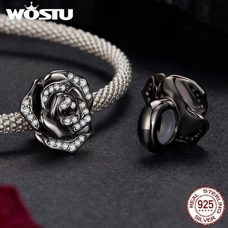 WOSTU 925 Sterling Silver Vintage Gothic Black Rose Flower Heart Beads, Retro Pearl Pendant Rainbow Charms Fit DIY Jewelry Make