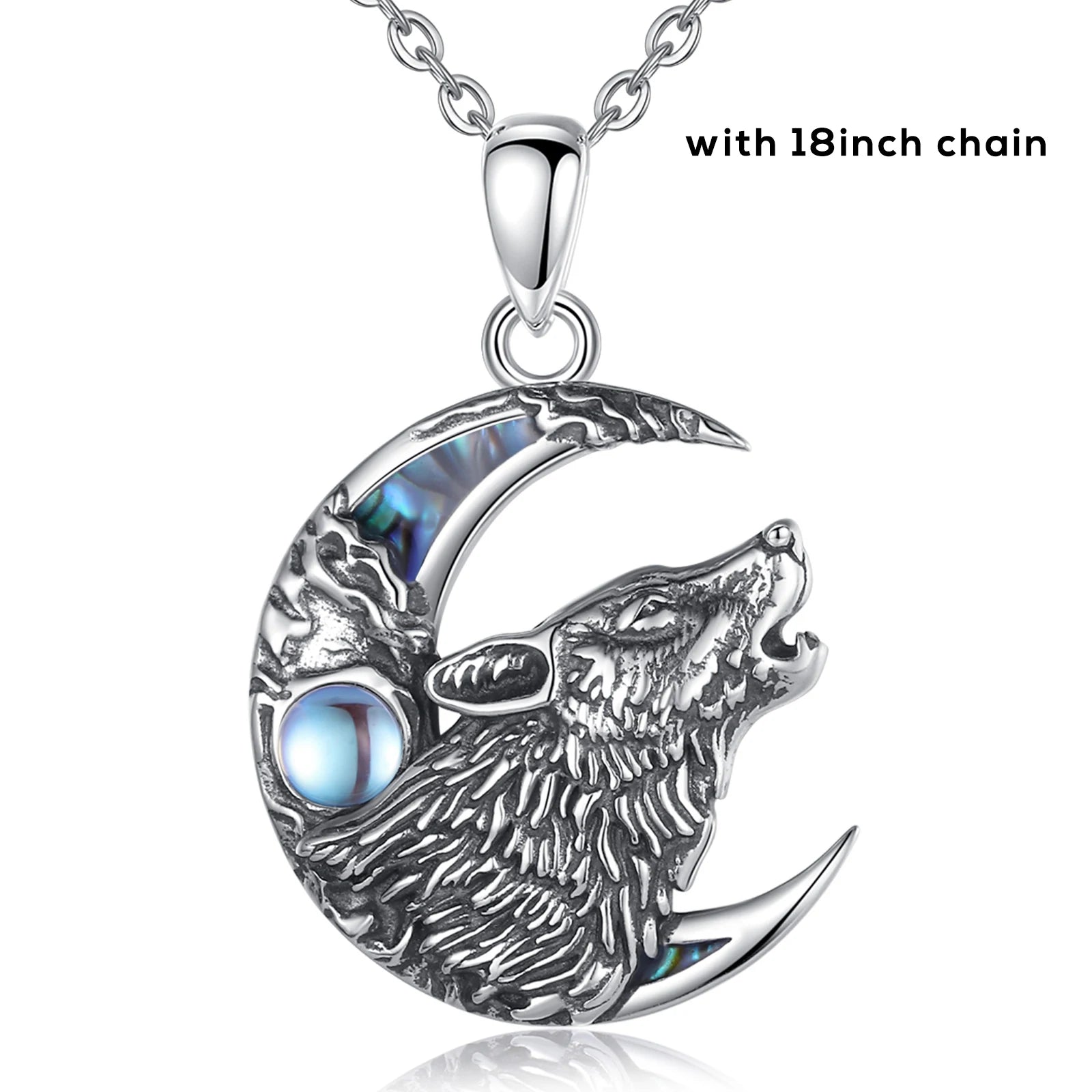 Eudora 925 Sterling Silver Wolf on the Moon Necklace for Women Man Natural Abalone Shell Viking Wolf Pendant Jewelry Party Gift