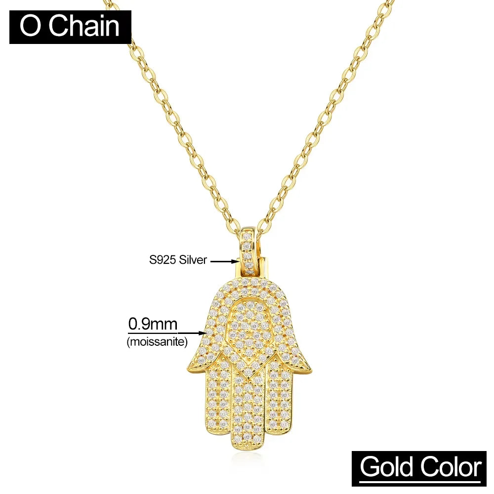 Serenity All Moissanite Necklace for Women Men Gift Hamsa Pendant Neck Chain Pure 925 Silver Hip Hop Jewelry 18K Plated Necklace