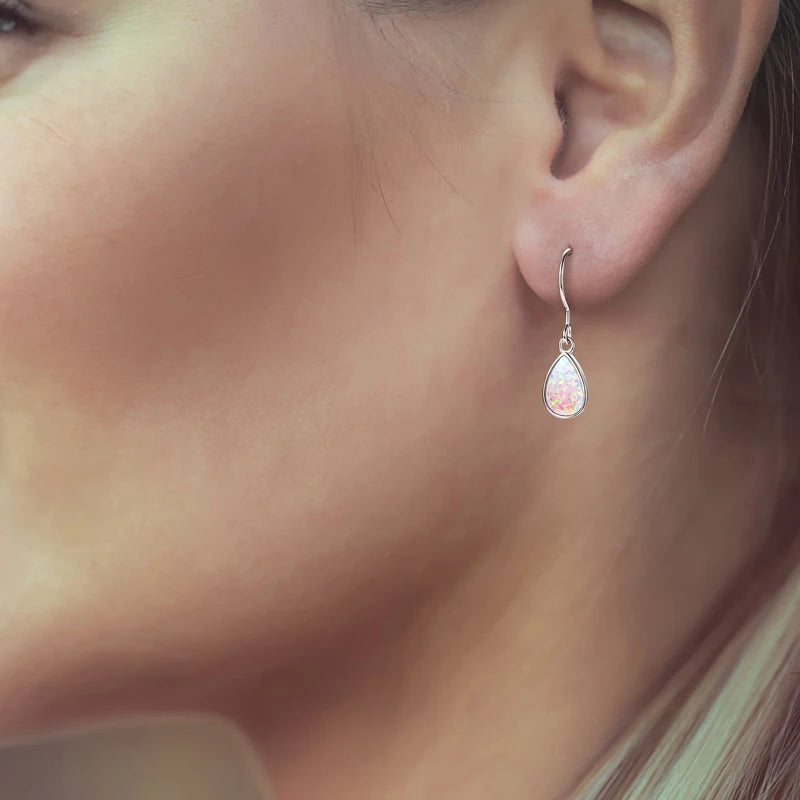 925 Sterling Silver Ladies Drop Hook Earrings 6x9mm Pear Shape Bezel Set White Opal Earring for Women Fashion Gemstone Gift