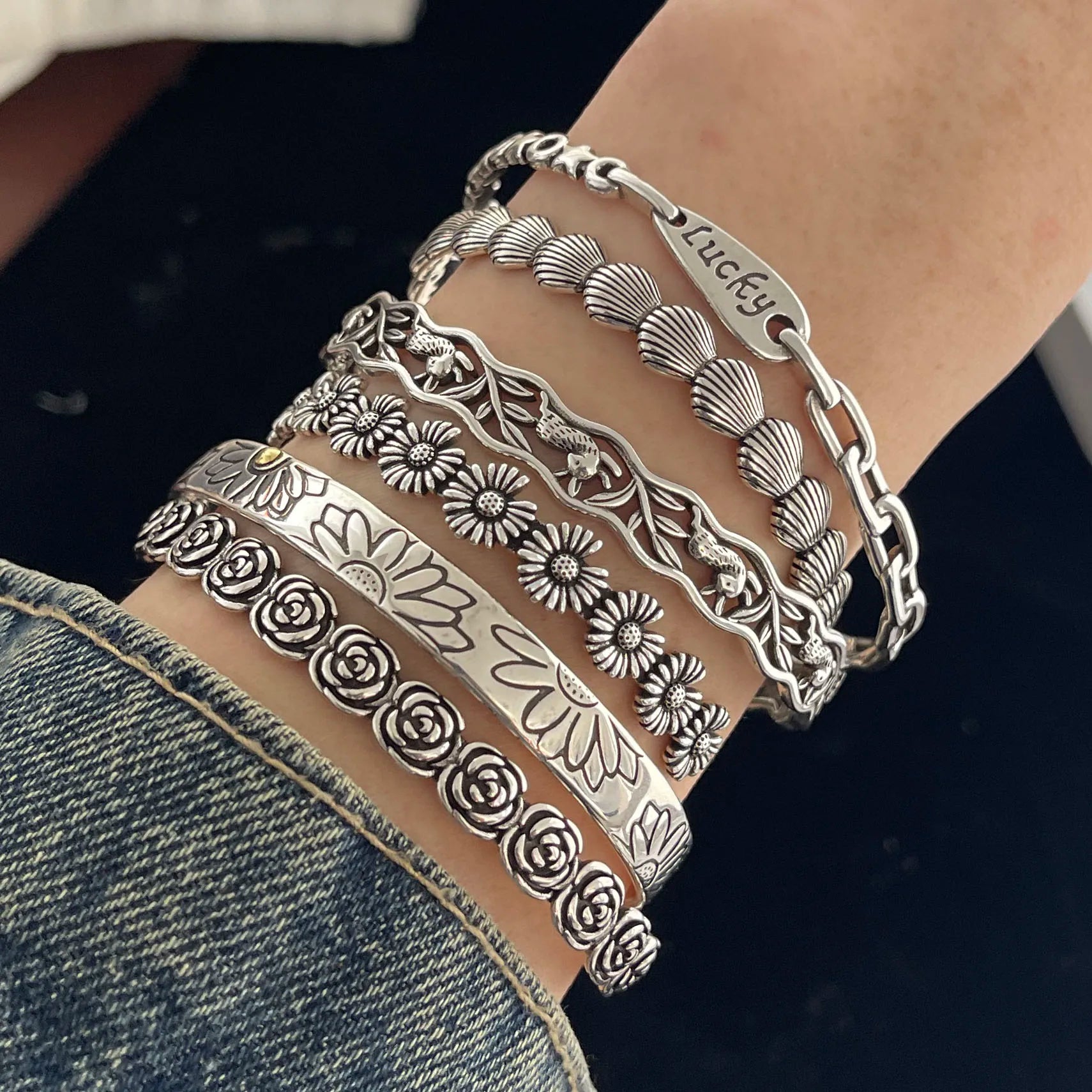 100% Solid 925 Sterling Silver Retro Bracelet for Women Men Vintage Handmade Flower Patern Bracelet Birthday Gift