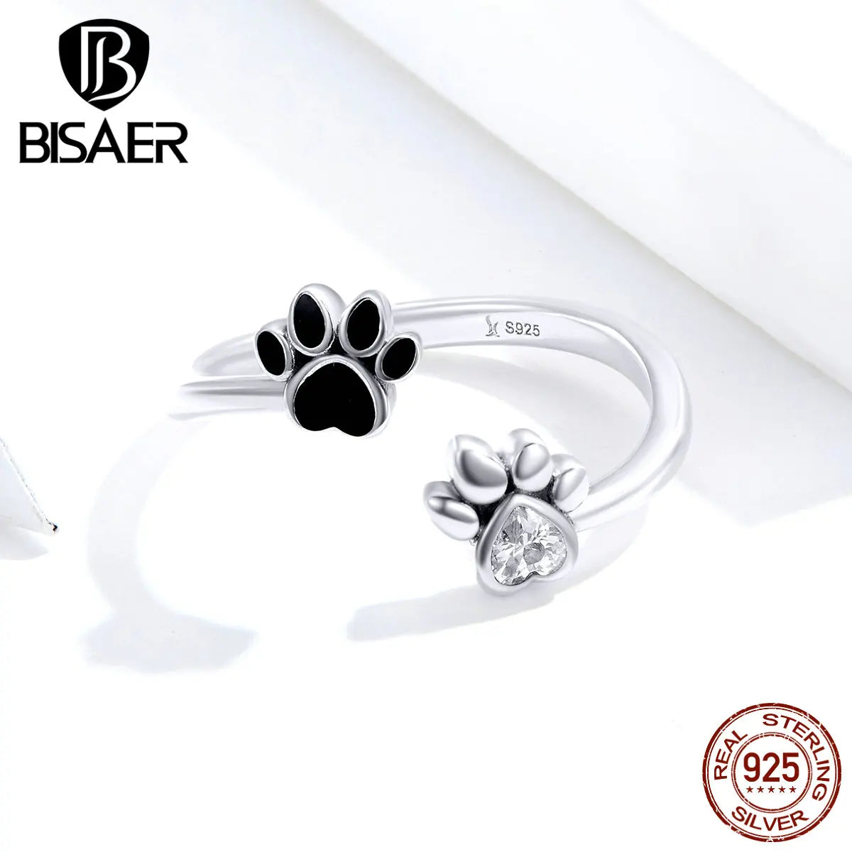 BISAER 925 Sterling Silver Cute Pet Paws Open Ring Black Enamel Hollow Heart Band Adjustable Size for Women Party Fine Jewelry