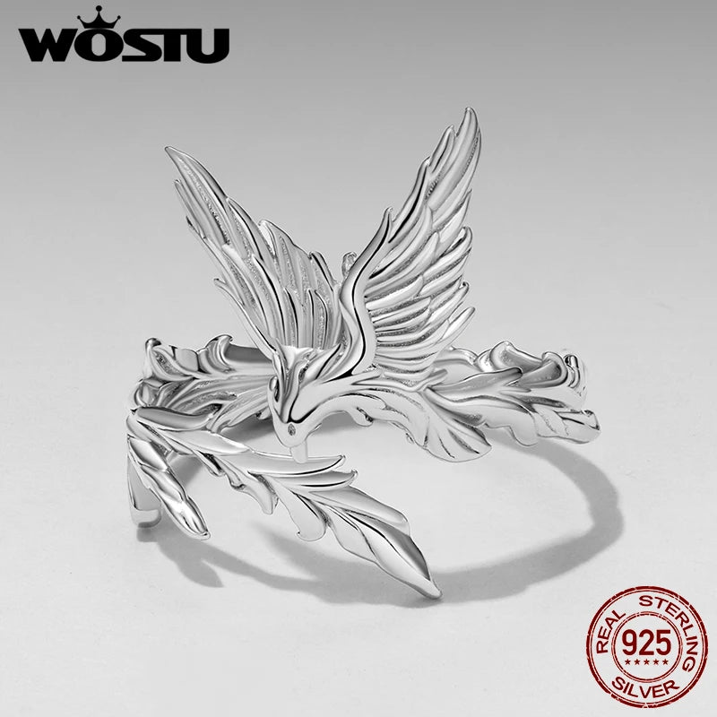 WOSTU 925 Sterling Silver Unique Vintage Style Phoenix Open Ring For Women, Elegant Open Wing Dragon Bird Animal Rings Xmas Gift