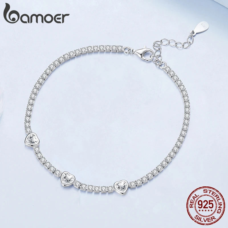 BAMOER 925 Sterling Silver Elegant Heart Bracelets for Women, AAAAA+ CZ Adjustable Chain Tennis Bracelet Jewelry Gifts BSB208