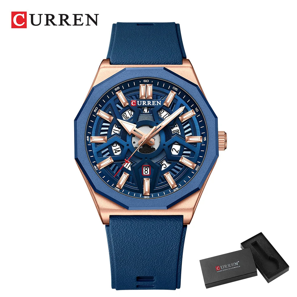 CURREN Fashion Design Wristwatches for Men's Casual Silicone Straps Quartz Auto Date Watch with Luminous Hands 8437
