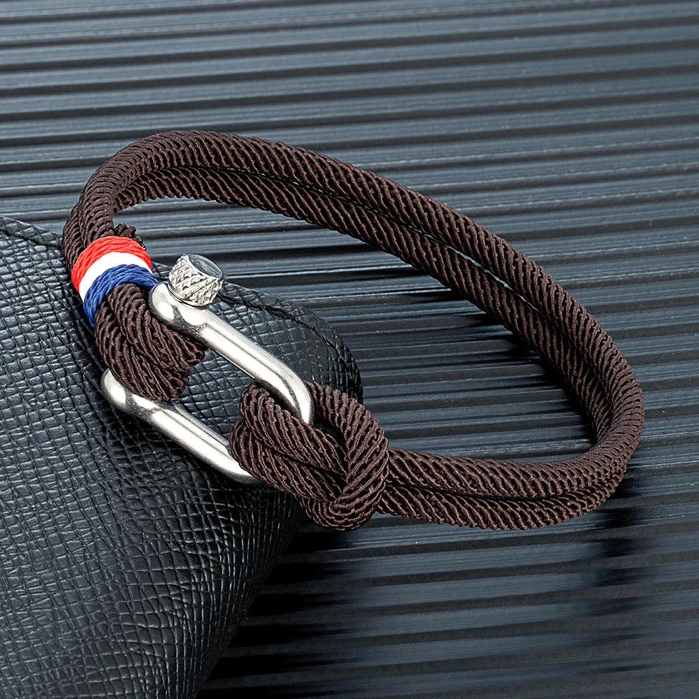 MKENDN Stainless Steel U-Shape Shackle Buckle Bracelet Men Women Handmade Woven Double-Layer Design France Flag Couple Jewelry